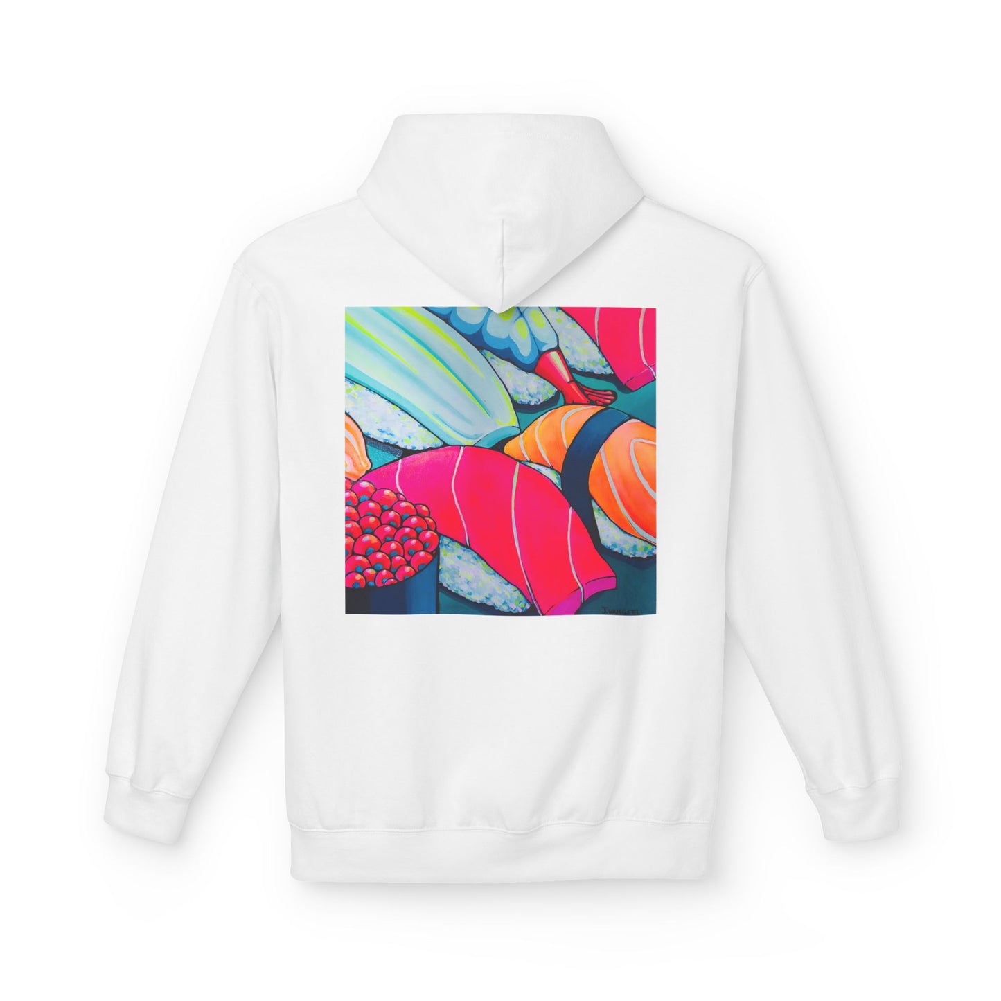 Sweat à capuche doux unisexe néon motif sushis
