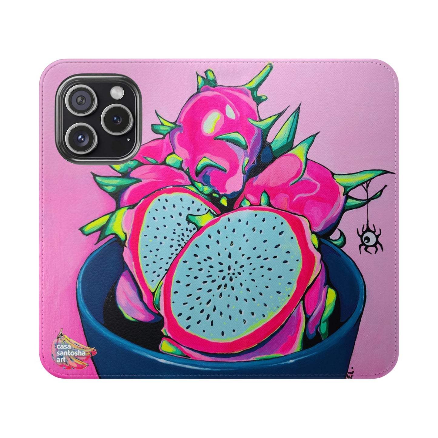 Neon Pink Dragon Fruit Flip Phone Case – Wallet Cover with Card Slots
