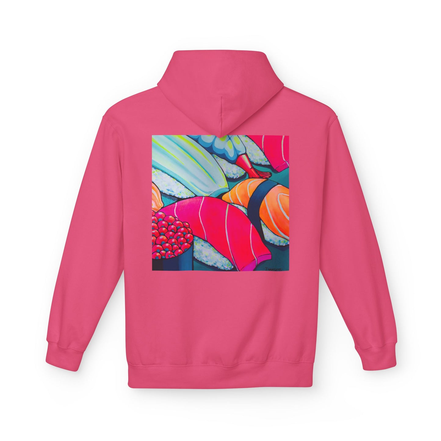 Sweat à capuche doux unisexe néon motif sushis
