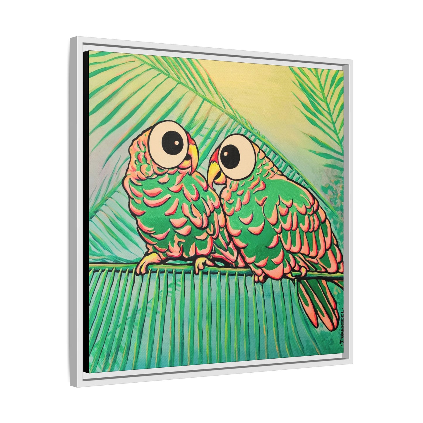 Framed Chatty Cyclops Parrots Canvas Print