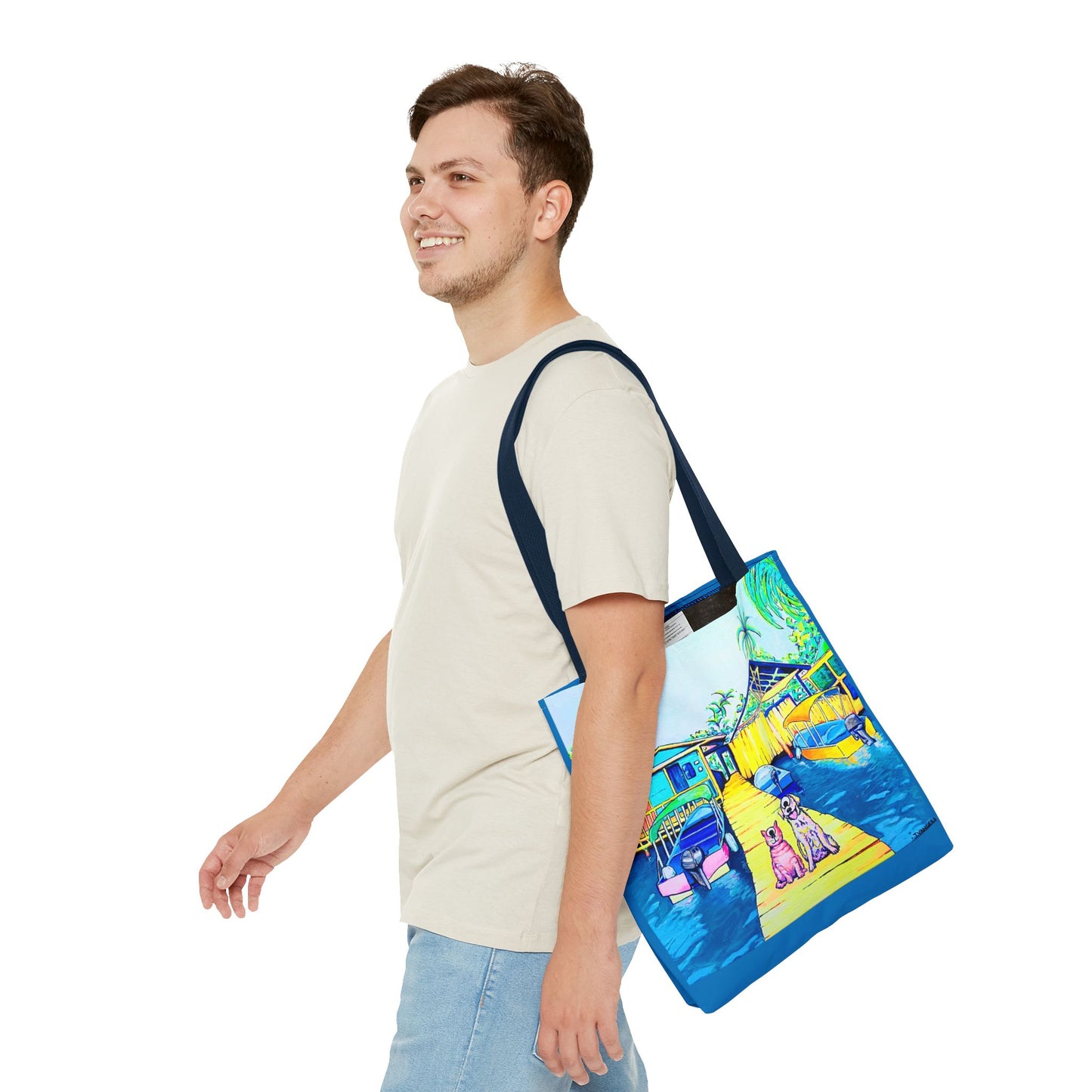 Premium Cyclops Cat and Dog in Bocas Tote Bag, Original Artist Design, Reusable Shopping Tote,  Eco-Friendly