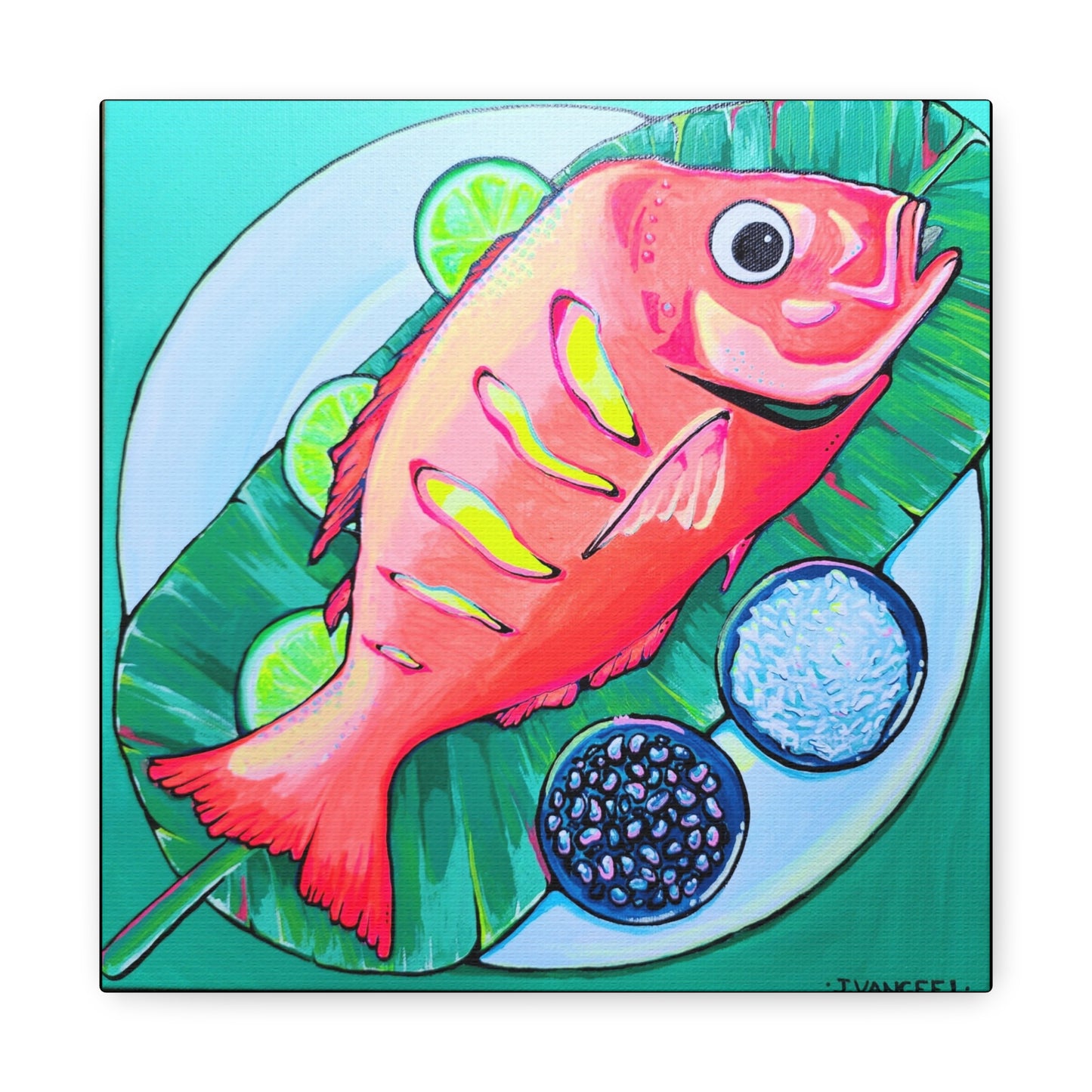 Neon Fried Fish Canvas Print, Original Artist Design, Home Decor, Wall Art