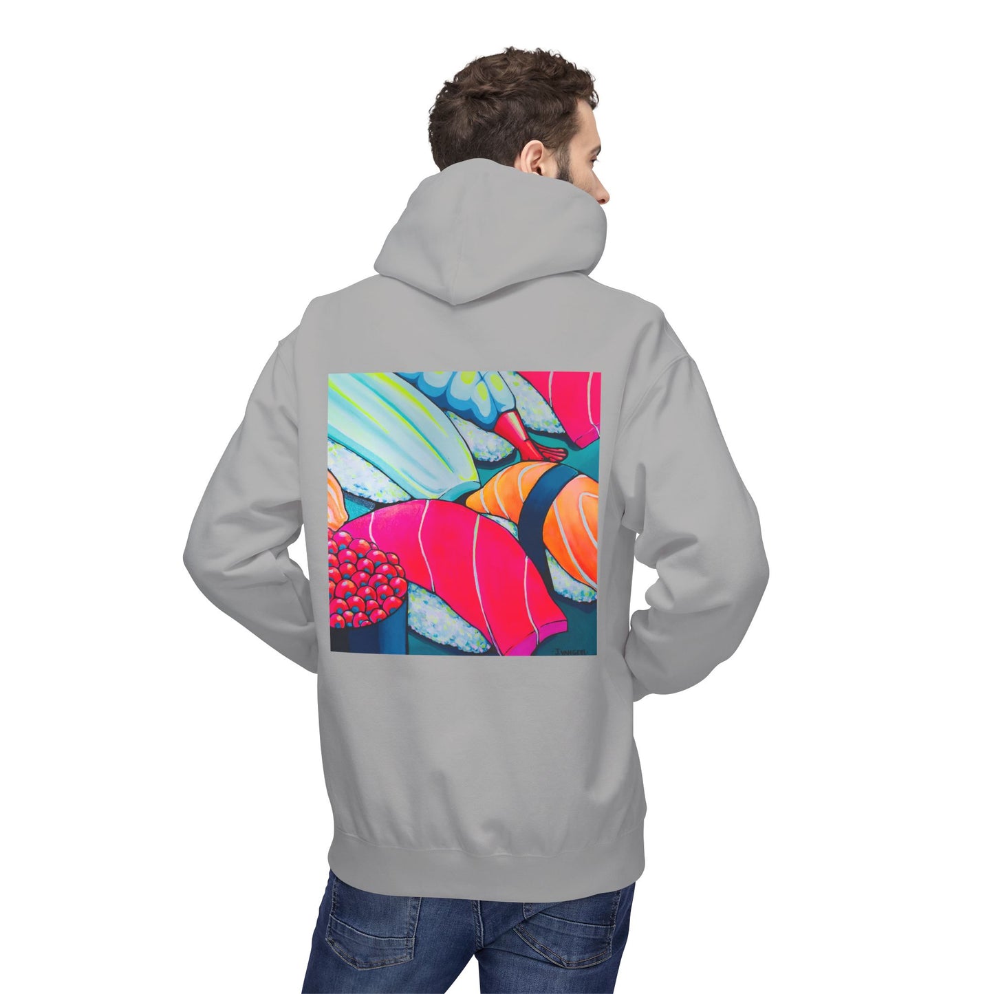 Sweat à capuche doux unisexe néon motif sushis