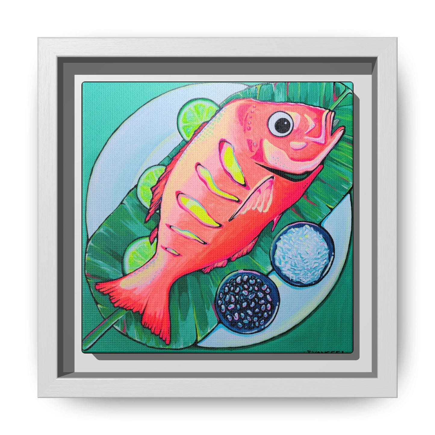 Framed Neon Fried Fish Canvas Print