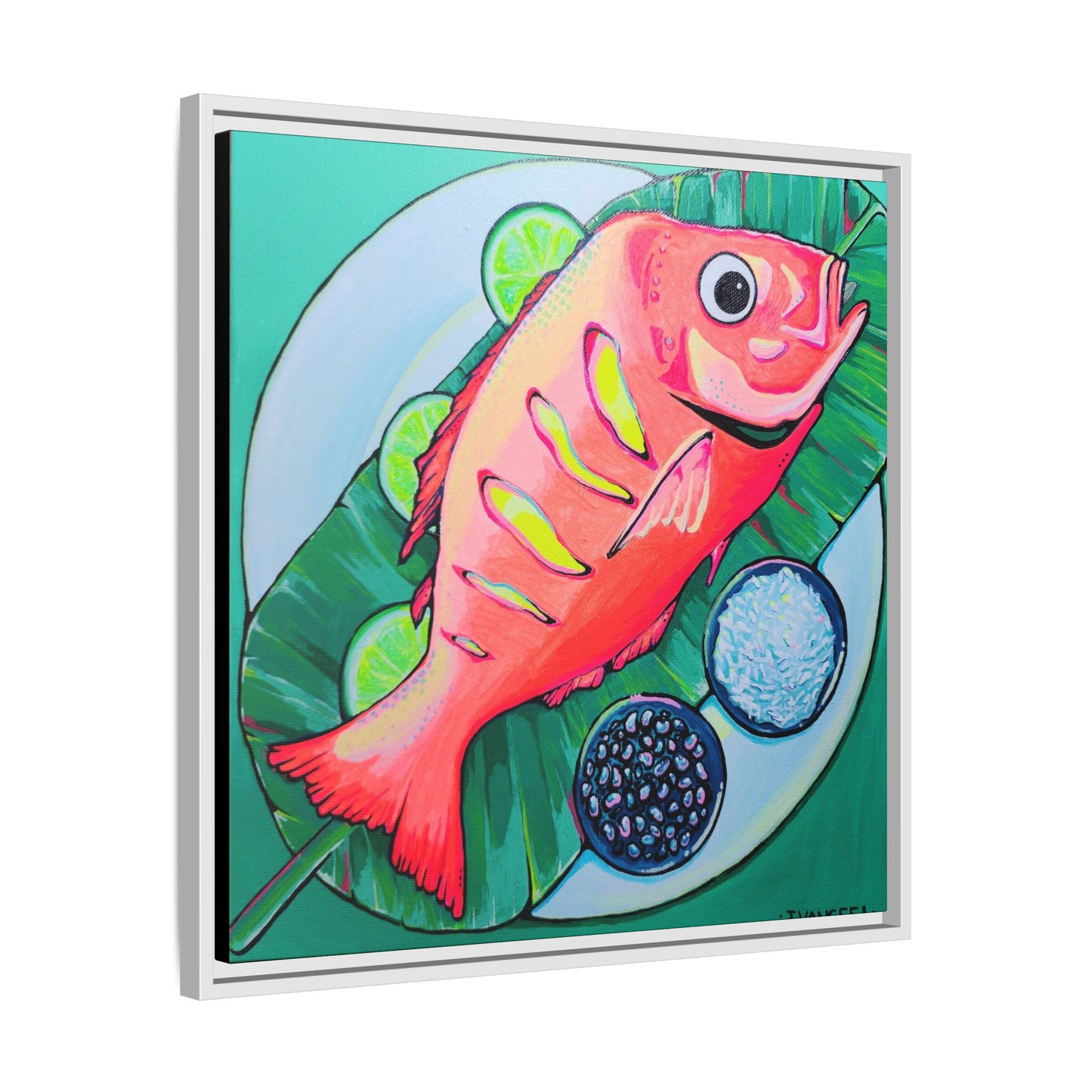 Framed Neon Fried Fish Canvas Print