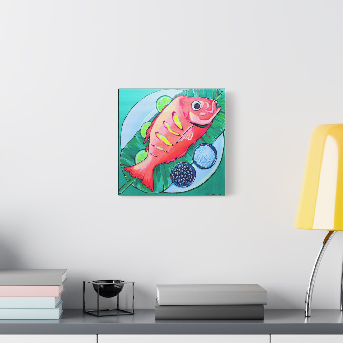 Neon Fried Fish Canvas Print, Original Artist Design, Home Decor, Wall Art
