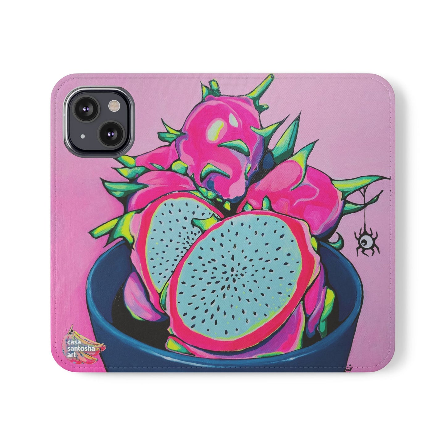 Neon Pink Dragon Fruit Flip Phone Case – Wallet Cover with Card Slots