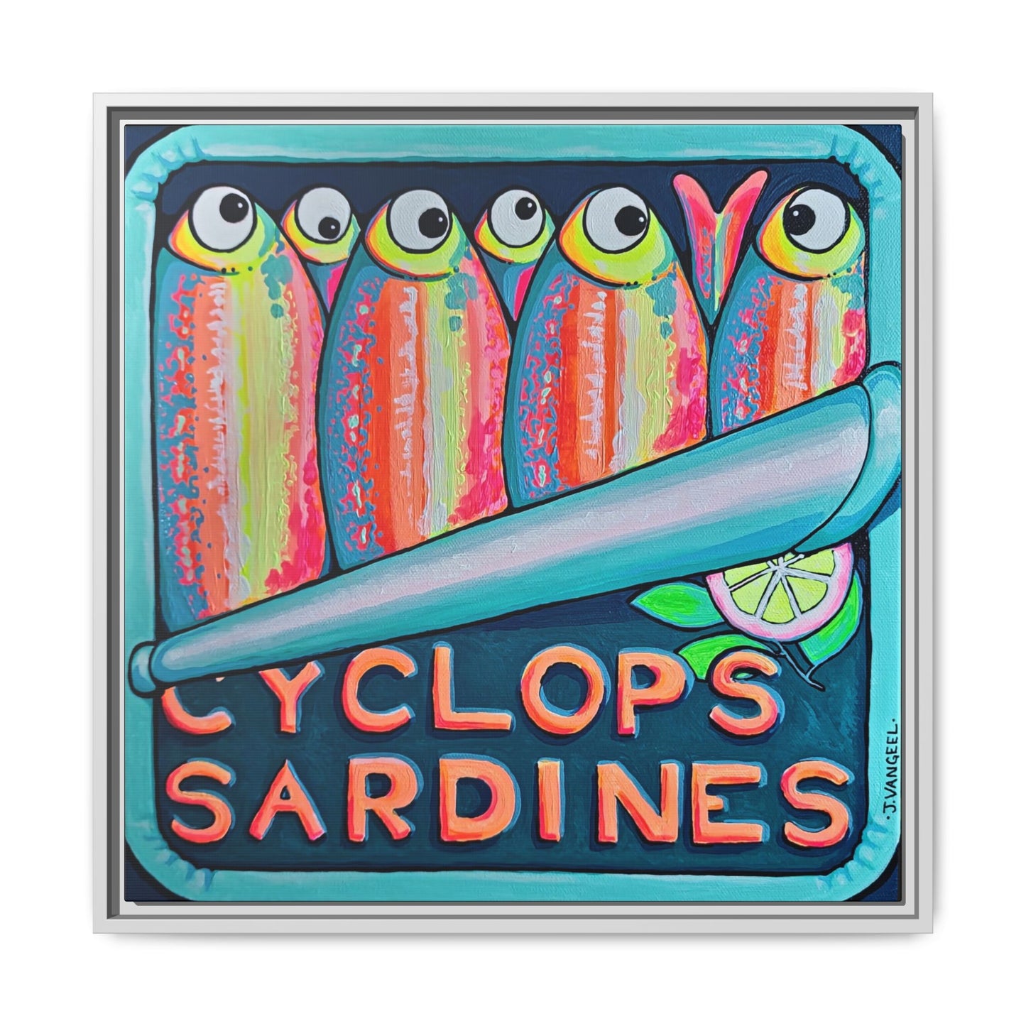 Framed Neon Sardines Canvas Print