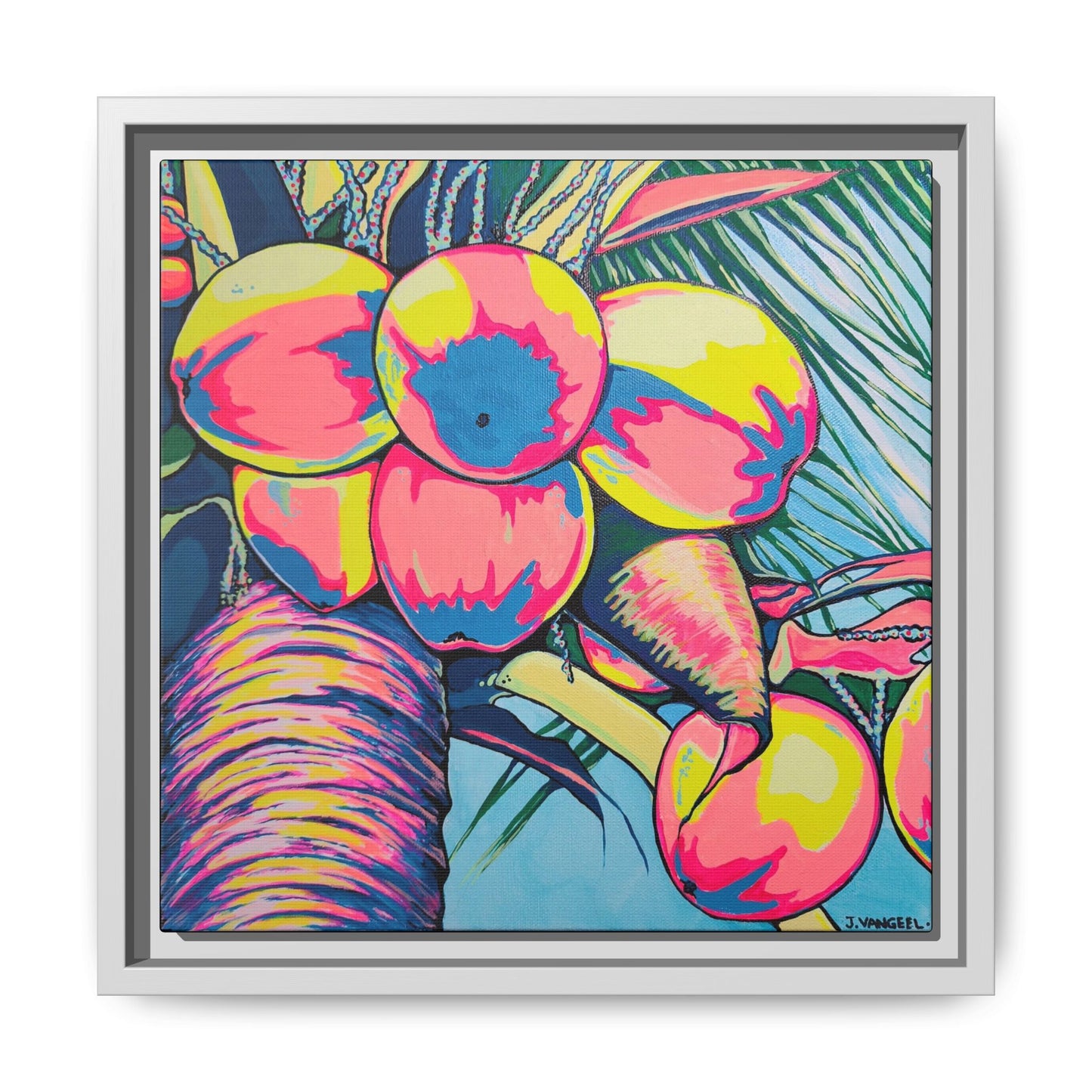 Framed Neon Coconuts Canvas Print