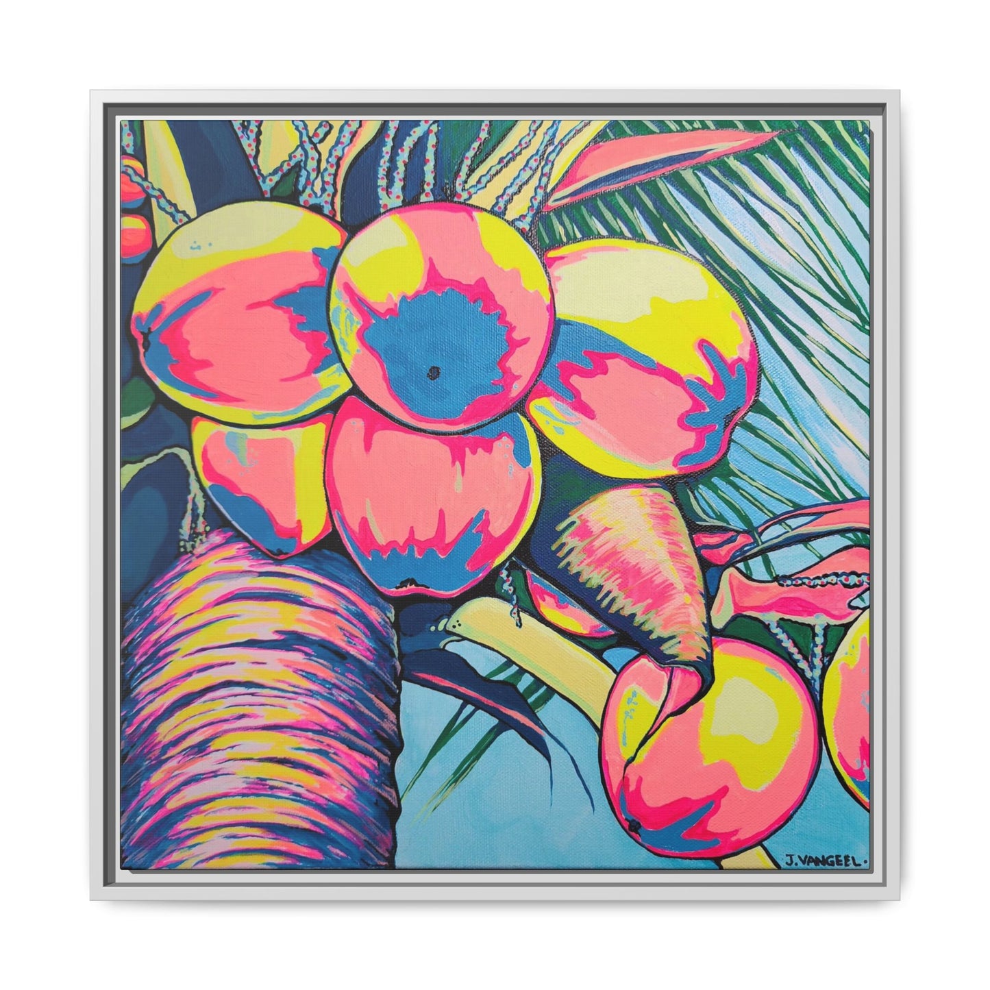 Framed Neon Coconuts Canvas Print