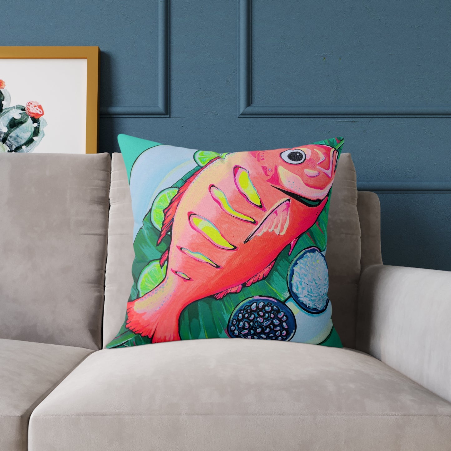 Neon Fried Fish Art Canvas Decorative Pillow