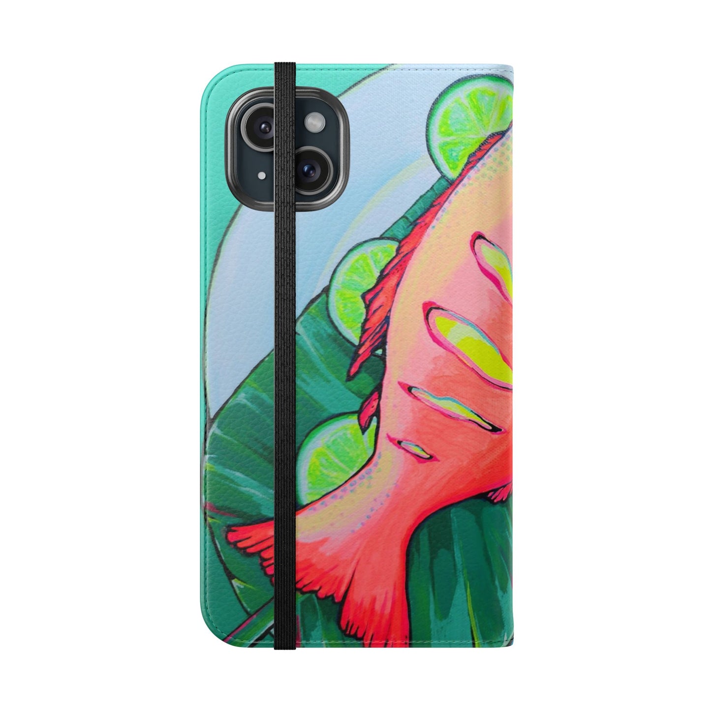 Neon Fried Fish Flip Phone Case – Wallet Cover with Card Slots