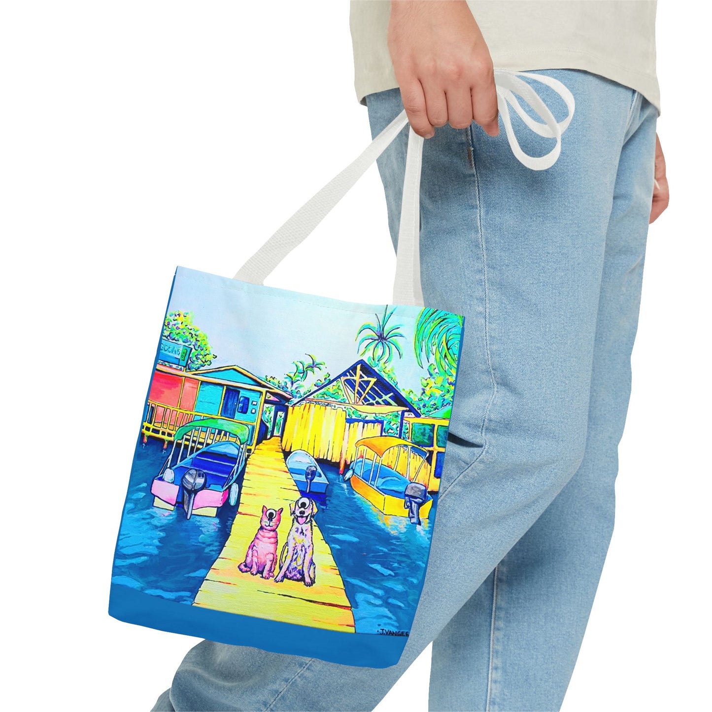 Premium Cyclops Cat and Dog in Bocas Tote Bag, Original Artist Design, Reusable Shopping Tote,  Eco-Friendly