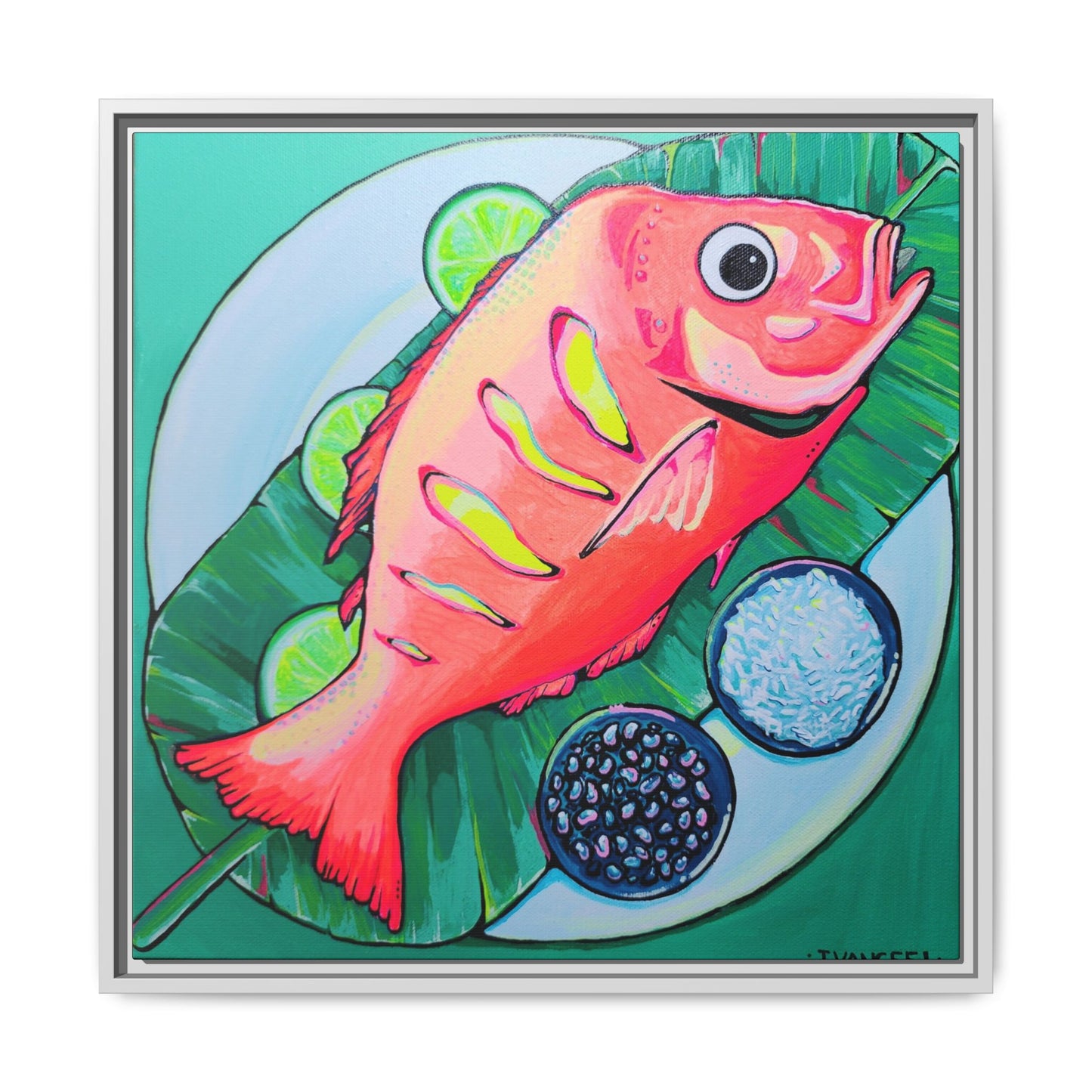 Framed Neon Fried Fish Canvas Print