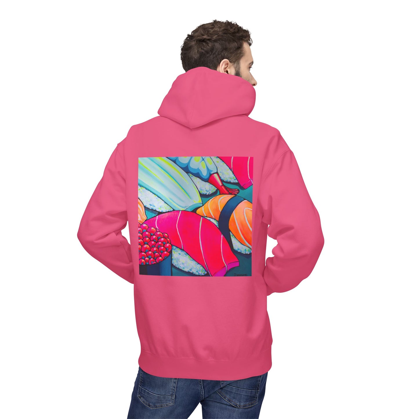 Sweat à capuche doux unisexe néon motif sushis