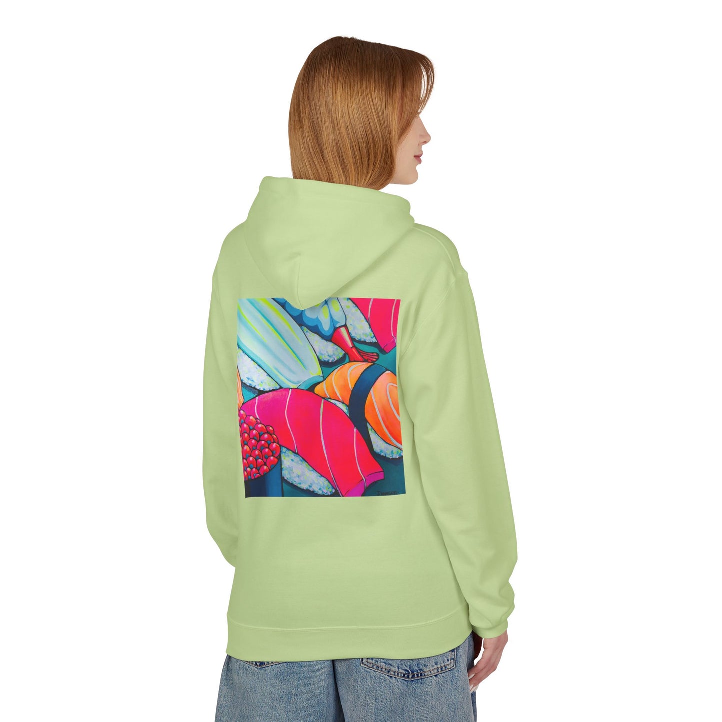 Sweat à capuche doux unisexe néon motif sushis