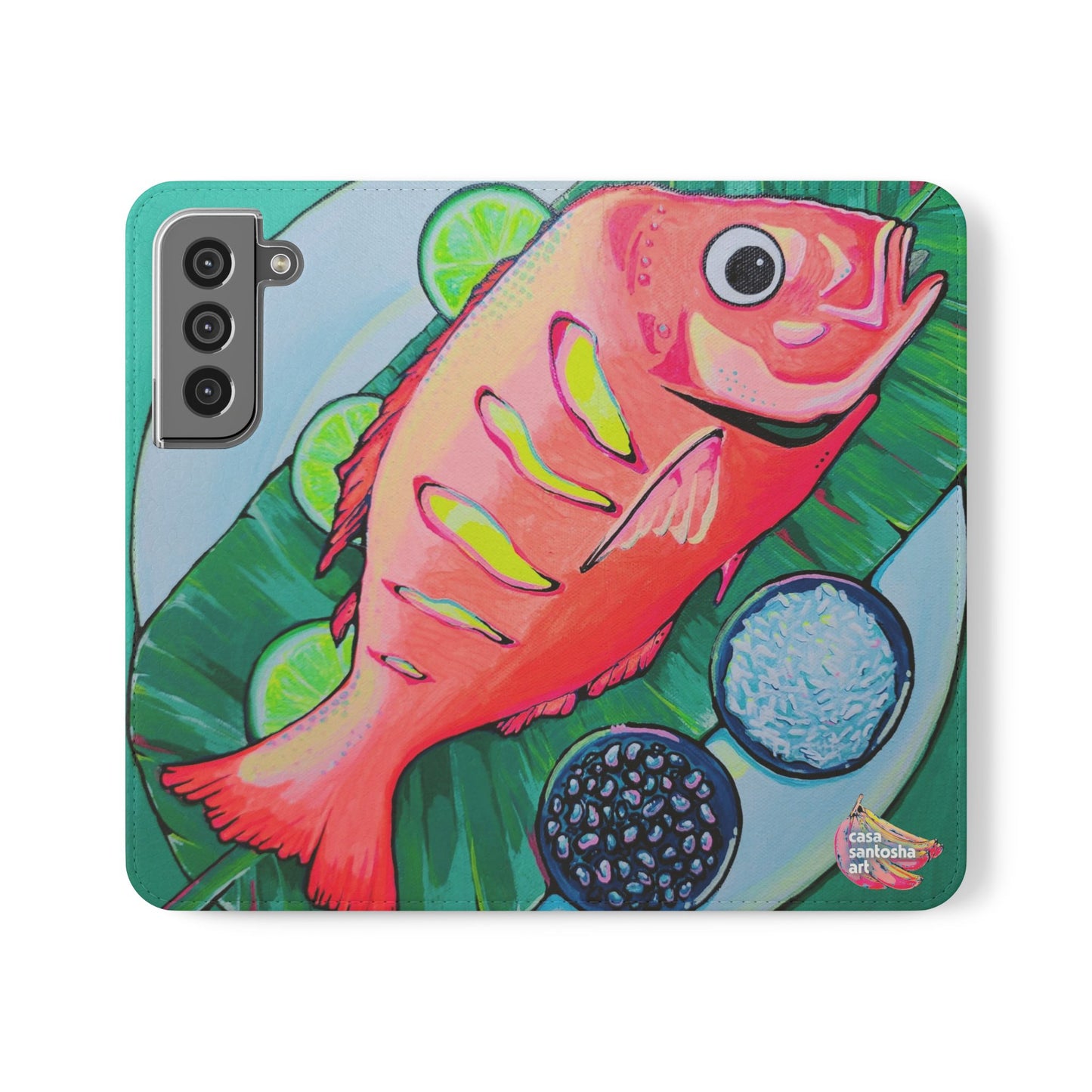 Neon Fried Fish Flip Phone Case – Wallet Cover with Card Slots