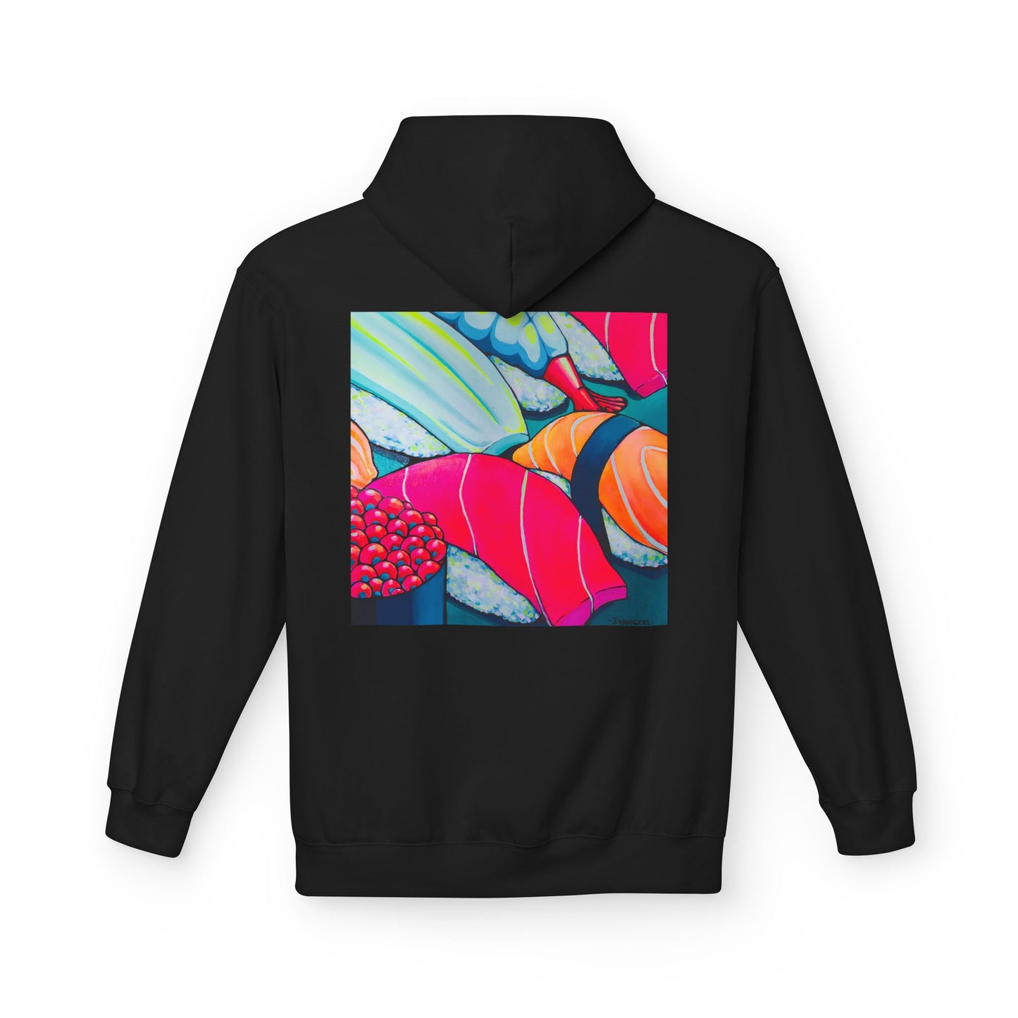 Sweat à capuche doux unisexe néon motif sushis