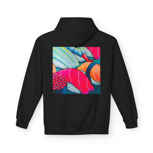 Sweat à capuche doux unisexe néon motif sushis