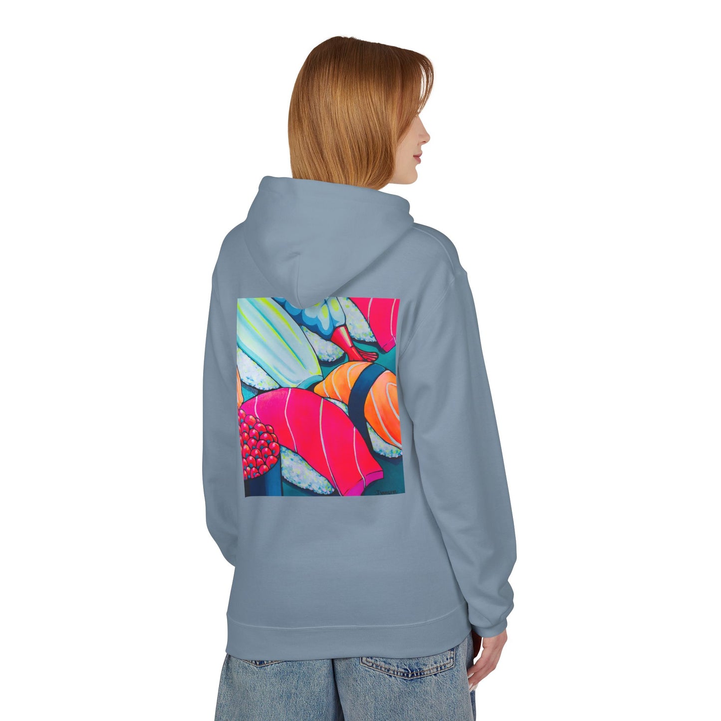 Sweat à capuche doux unisexe néon motif sushis