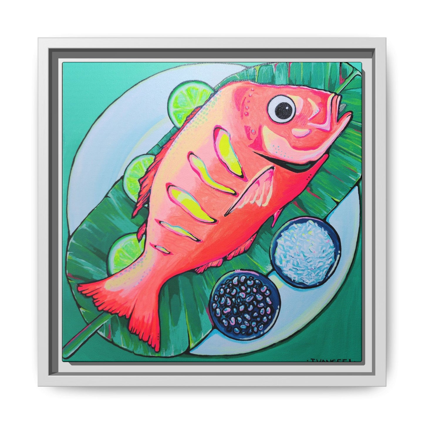 Framed Neon Fried Fish Canvas Print
