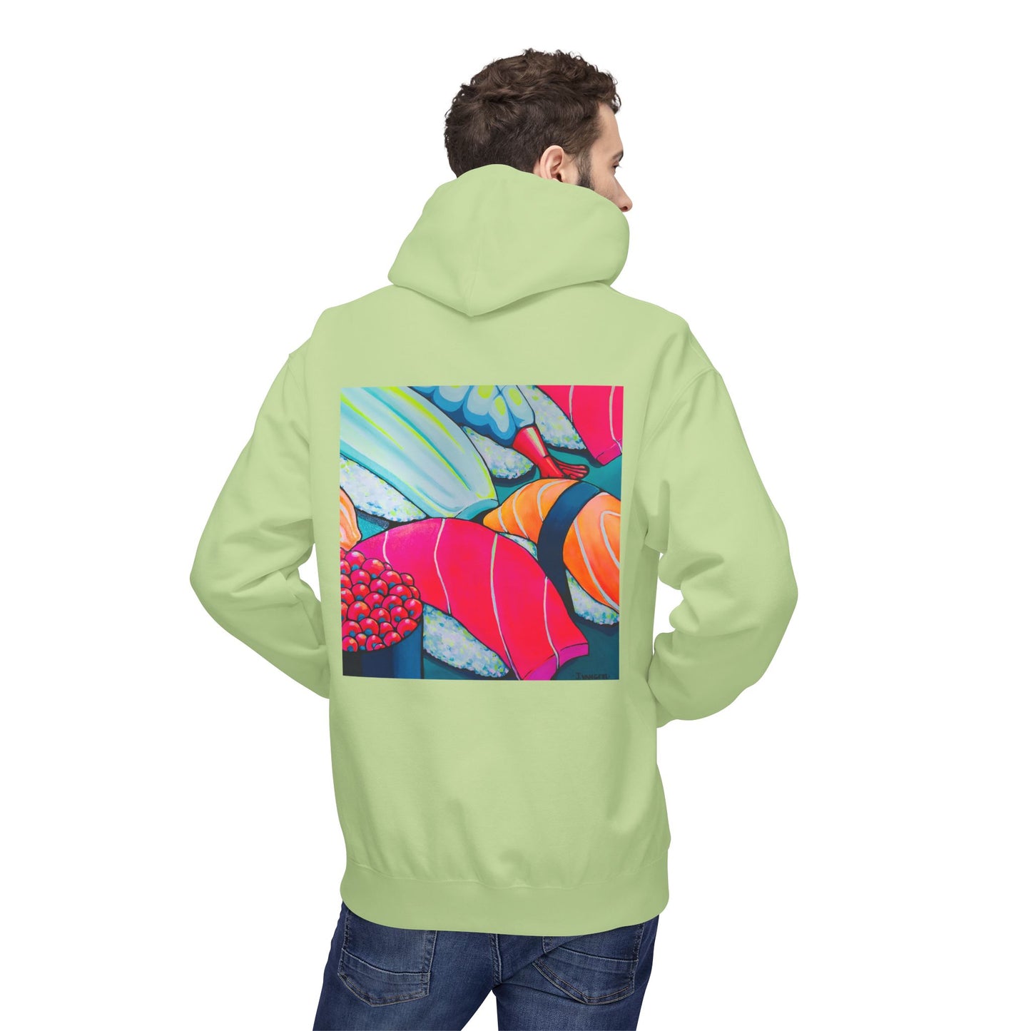 Sweat à capuche doux unisexe néon motif sushis
