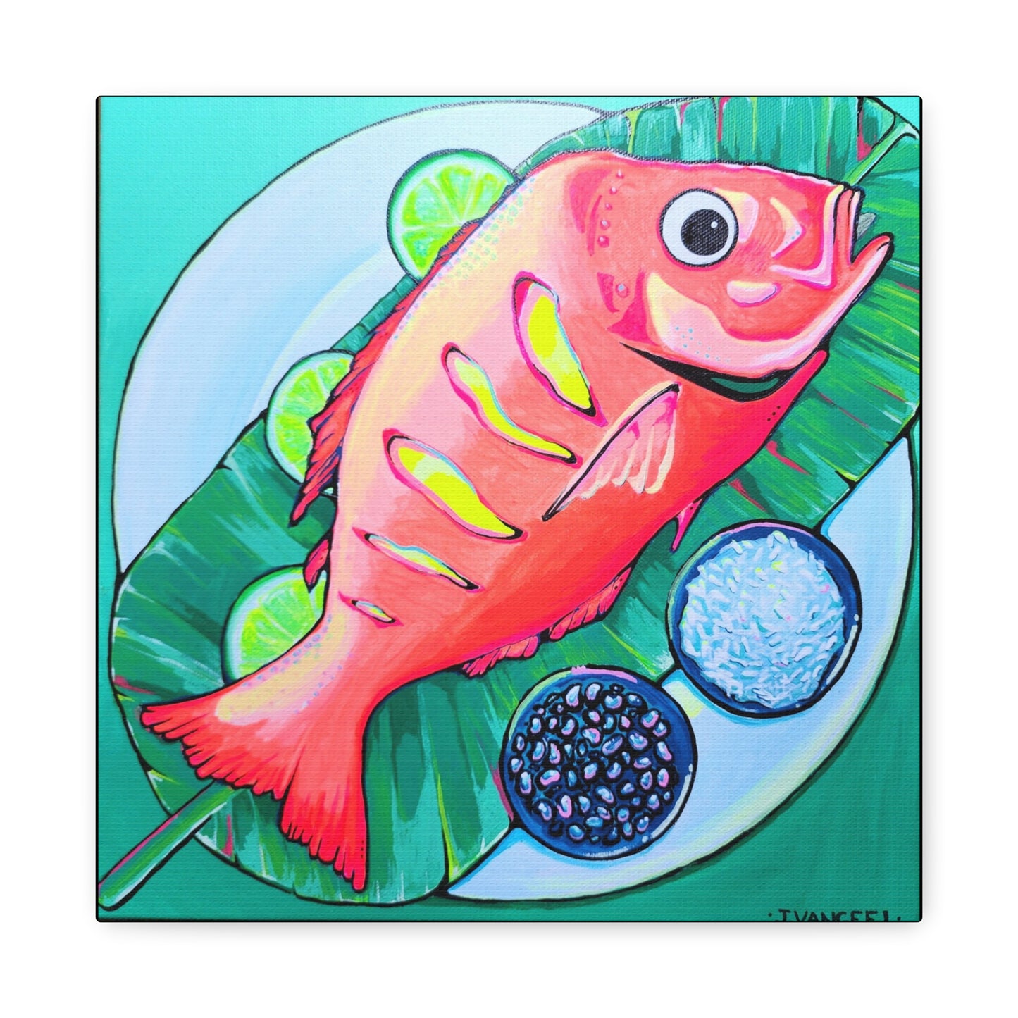 Neon Fried Fish Canvas Print, Original Artist Design, Home Decor, Wall Art