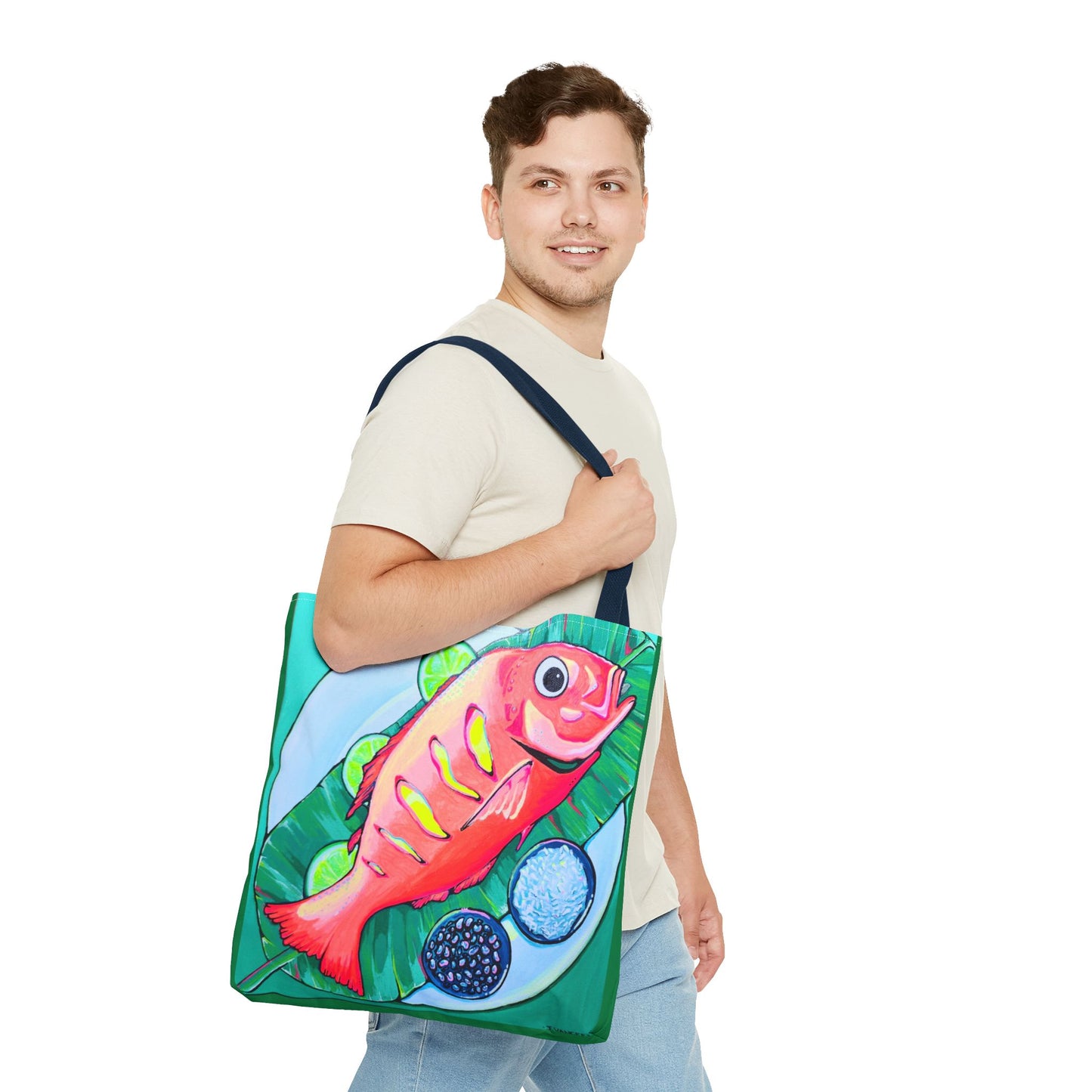 Premium Neon Fried Fish Tote Bag, Original Artist Design, Reusable Shopping Tote, Eco-Friendly