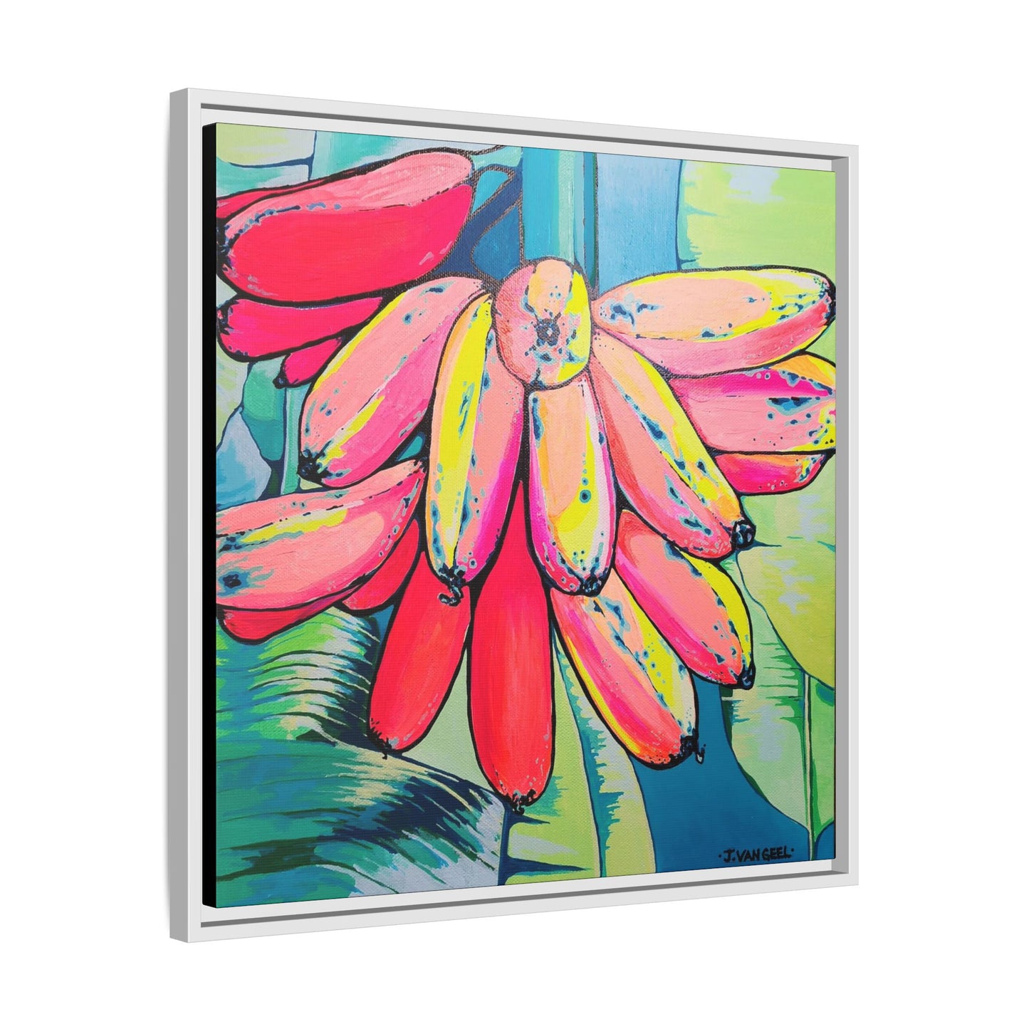Framed Neon Primitivo Bananas Canvas Print