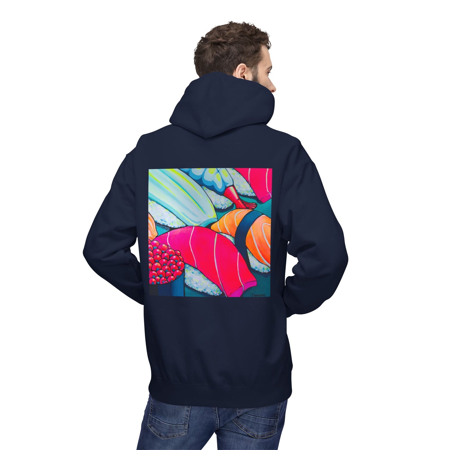 Sweat à capuche doux unisexe néon motif sushis
