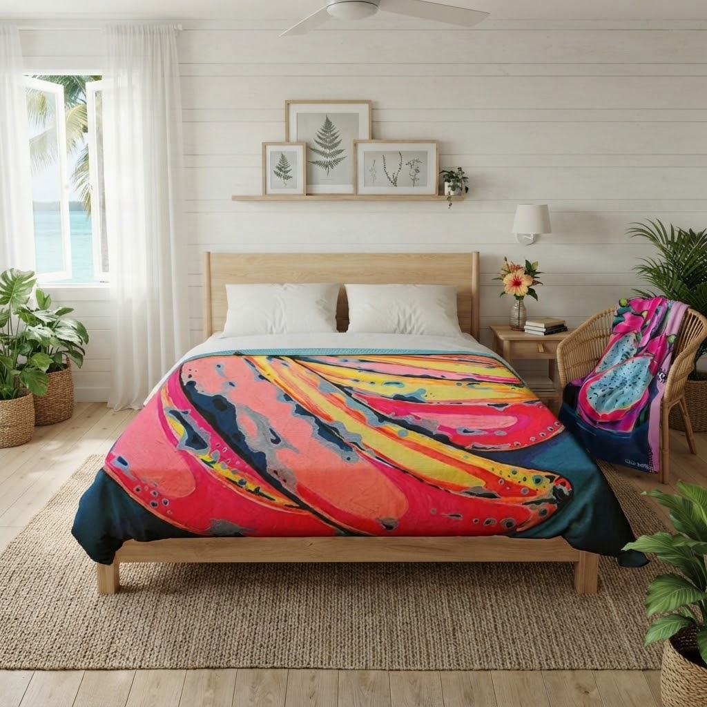 Neon pop art duvet cover on a bed and matching blanket on a rattan chair in a bright Caribbean bedroom in Bocas del Toro