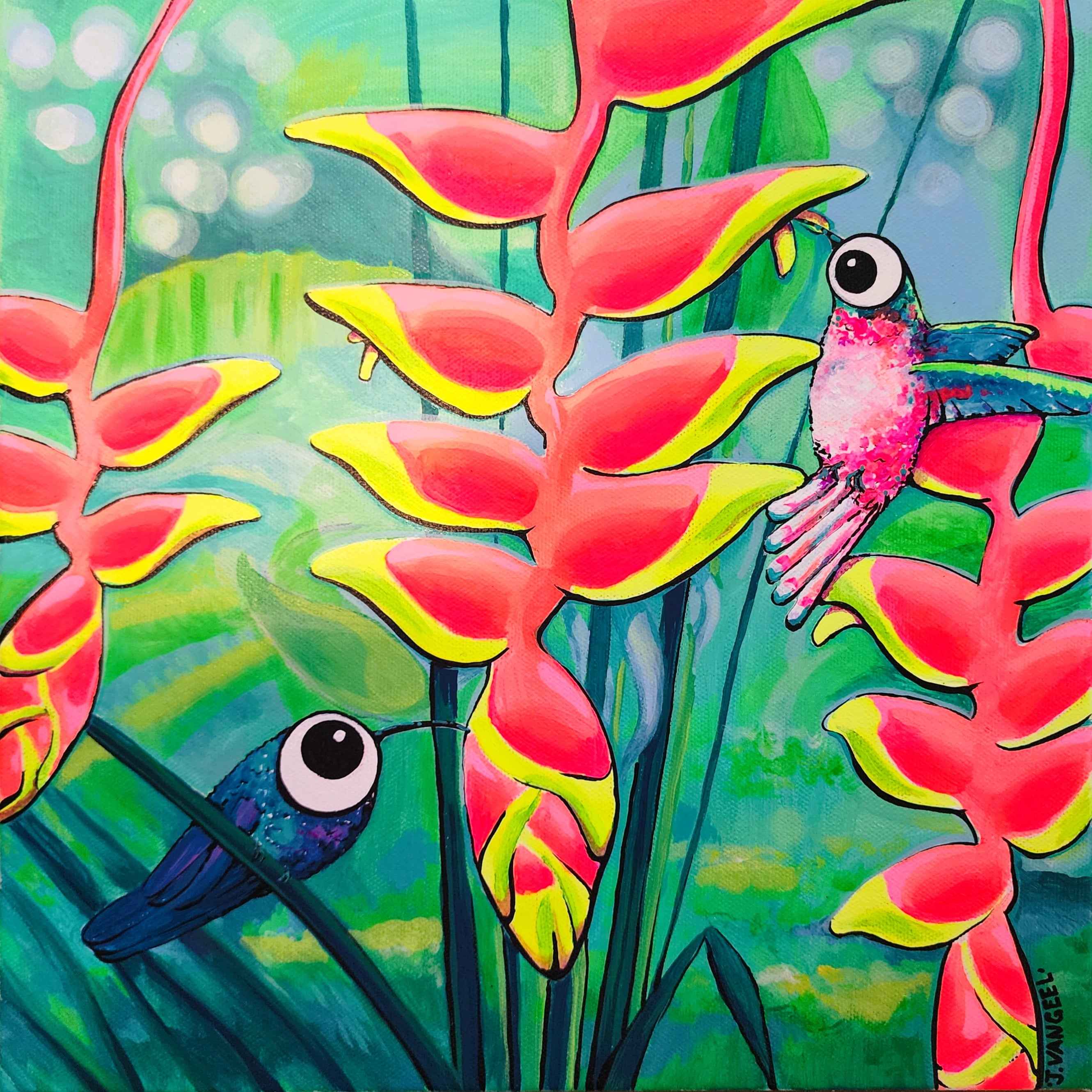 Colorful painting of two hummingbirds on tropical flowers with a blurred background