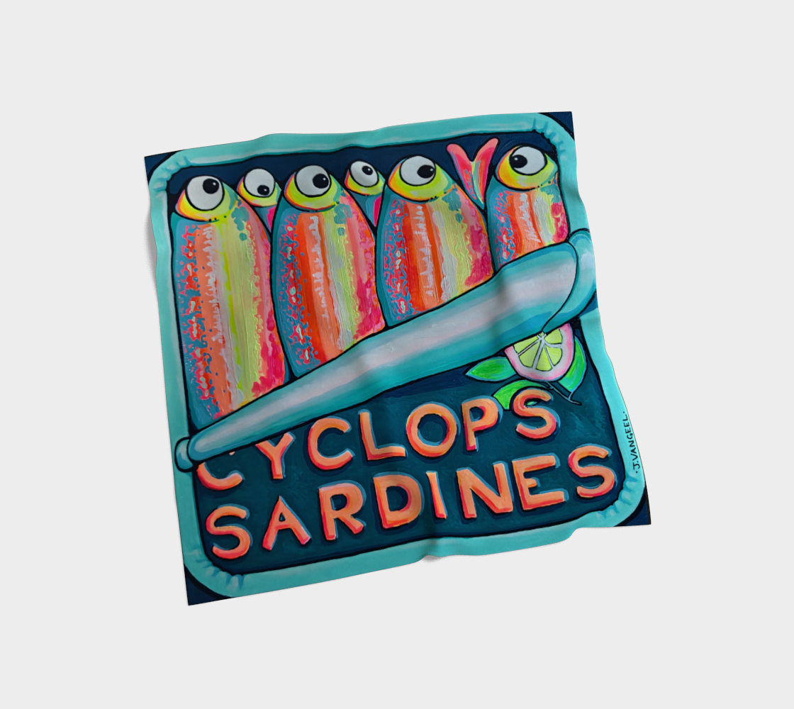 A square scarf featuring a colorful illustration of five-eyed sardines under a large silver knife, with the text 'CYCLOPS SARDINES' in orange. The scarf is shown floating against a light gray background.
